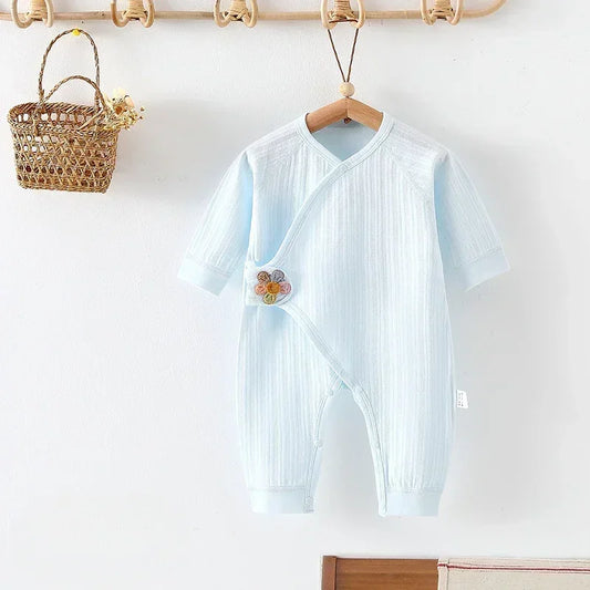 100% Cotton Long Sleeve Romper with Velcro Closure - Blue Flower - Bodyfeu