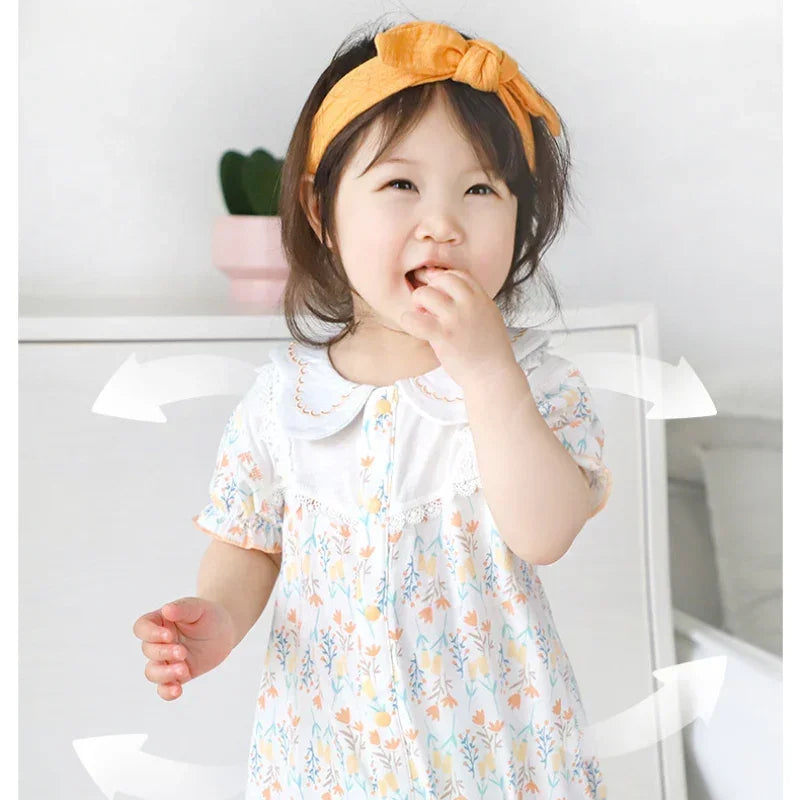 100% Cotton Short Sleeve Snap-Up Romper - Pink Floral - Bodyfeu