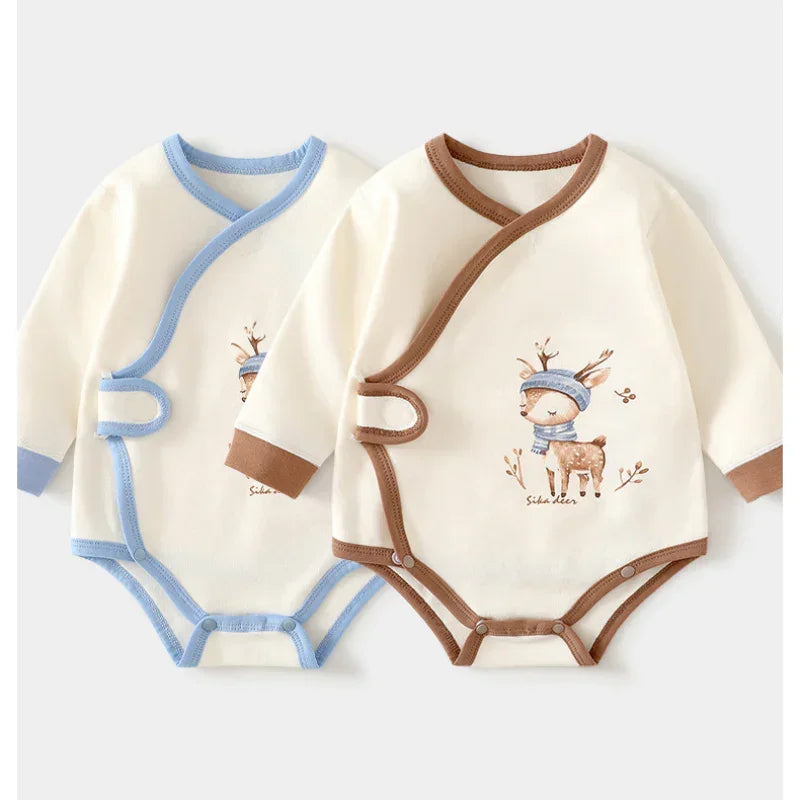 Cotton Long Sleeve Bodysuit with Velcro Closure - Blue Deer - Bodyfeu