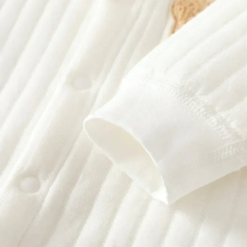 100% Cotton Warm Long Sleeve Snap-Up Romper - Pink Bear - Bodyfeu