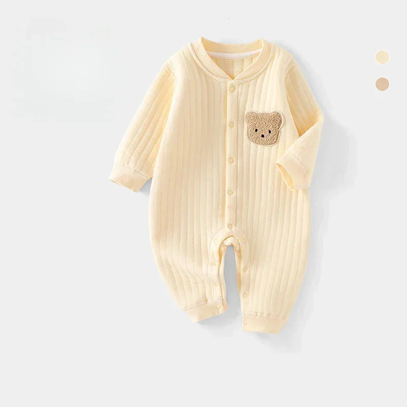 100% Cotton Warm Long Sleeve Snap-Up Romper - Pink Bear - Bodyfeu