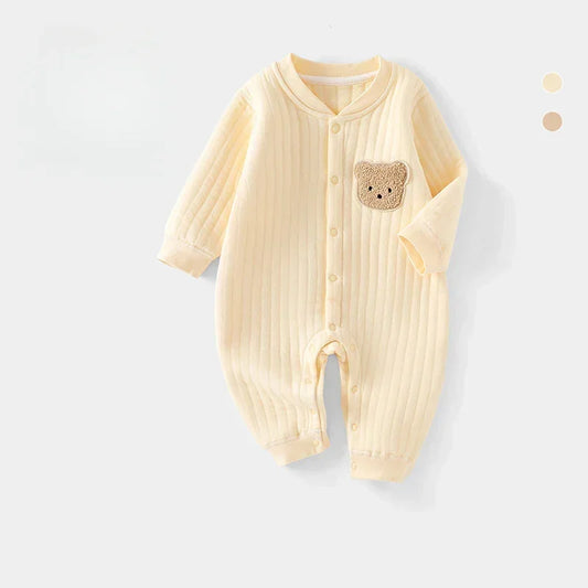 100% Cotton Warm Long Sleeve Snap-Up Romper - Pink Bear - Bodyfeu