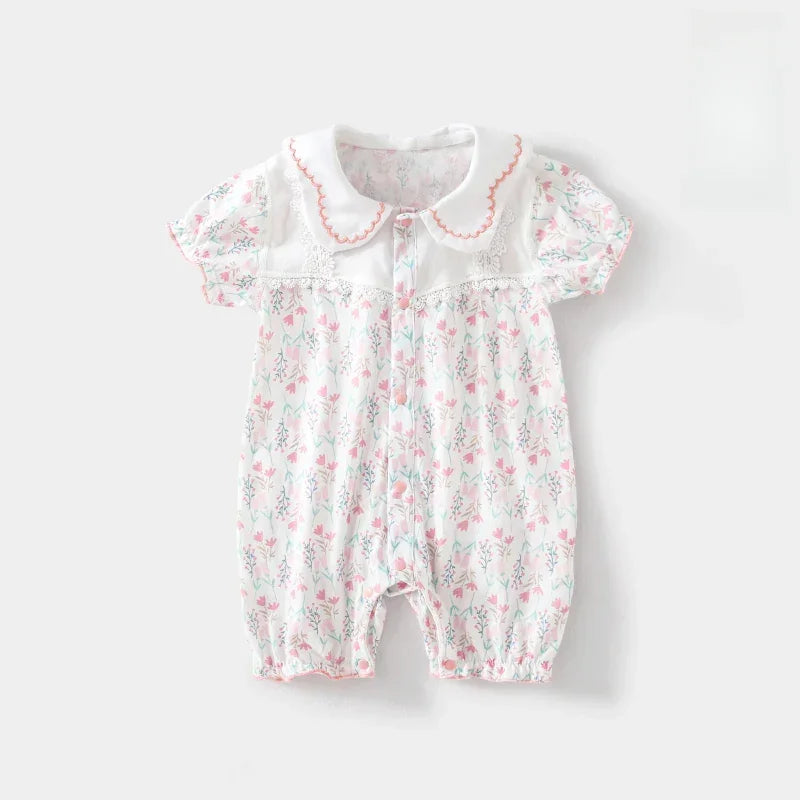 100% Cotton Short Sleeve Snap-Up Romper - Pink Floral - Bodyfeu