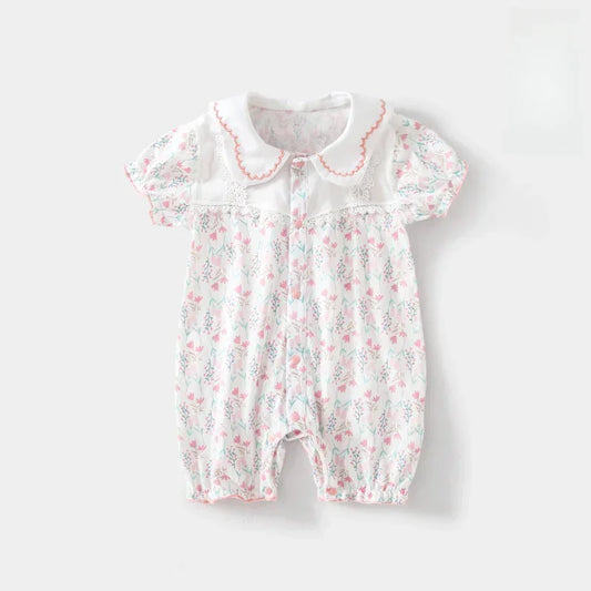 100% Cotton Short Sleeve Snap-Up Romper - Pink Floral - Bodyfeu