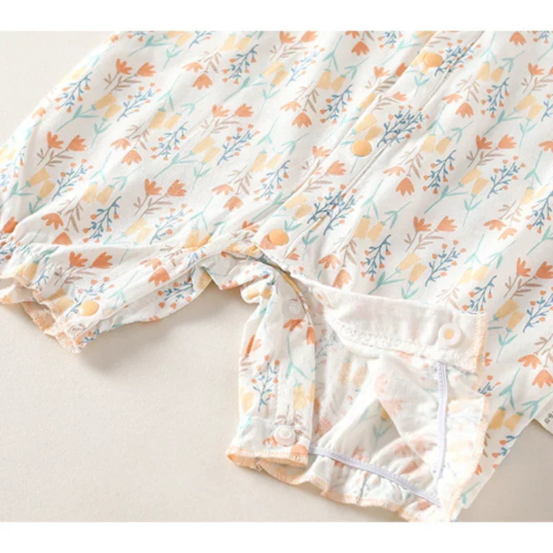 100% Cotton Short Sleeve Snap-Up Romper - Pink Floral - Bodyfeu