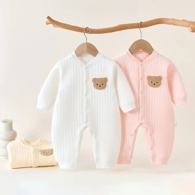 100% Cotton Warm Long Sleeve Snap-Up Romper - Pink Bear - Bodyfeu