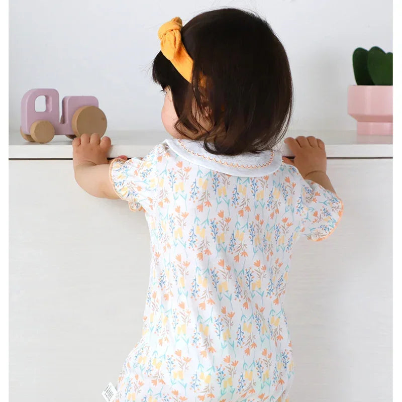 100% Cotton Short Sleeve Snap-Up Romper - Pink Floral - Bodyfeu