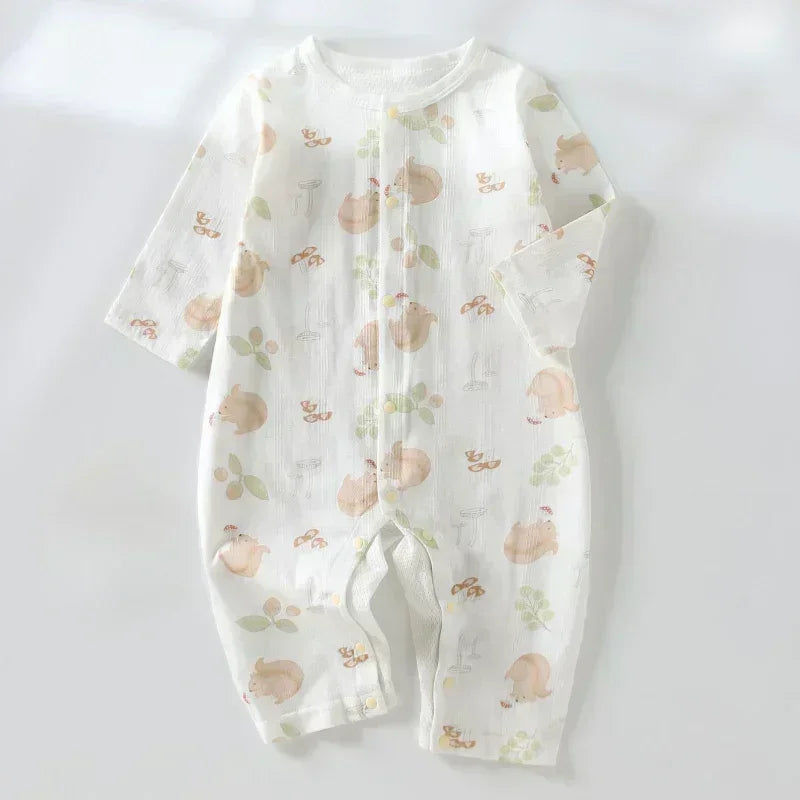 100% Cotton Long Sleeve Snap-Up Romper - Elephant & Flowers - Bodyfeu