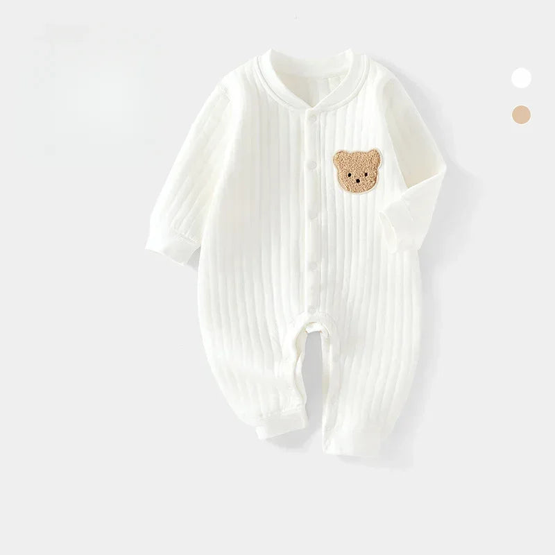 100% Cotton Warm Long Sleeve Snap-Up Romper - Pink Bear - Bodyfeu