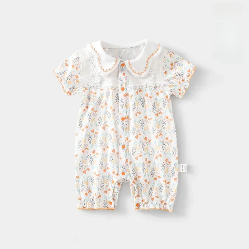 100% Cotton Short Sleeve Snap-Up Romper - Pink Floral - Bodyfeu