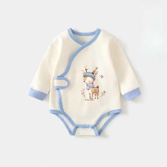 Cotton Long Sleeve Bodysuit with Velcro Closure - Blue Deer - Bodyfeu