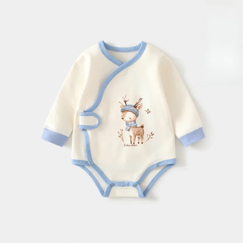 Cotton Long Sleeve Bodysuit with Velcro Closure - Blue Deer - Bodyfeu