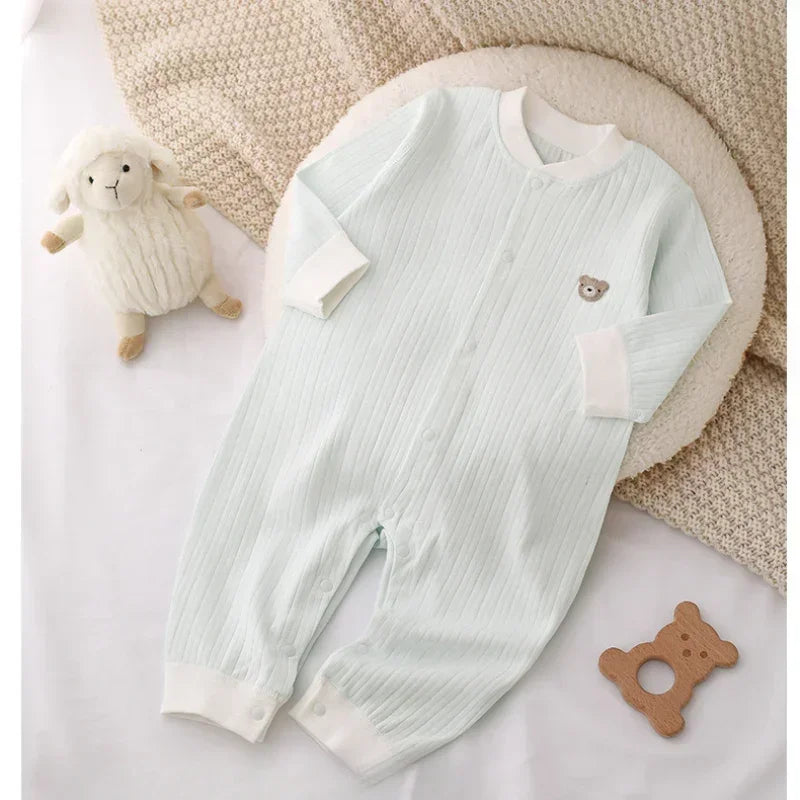 100% Cotton Long Sleeve Snap-Up Romper - Yellow Bear - Bodyfeu