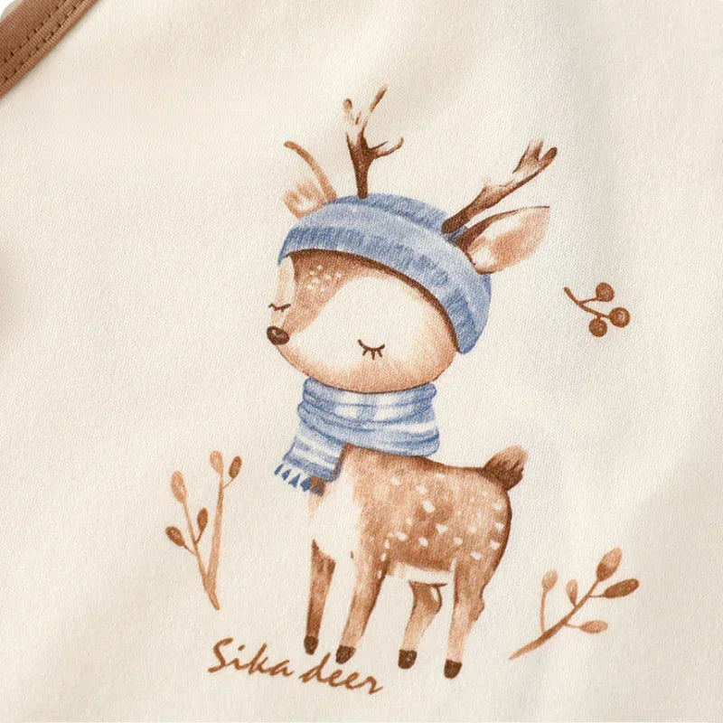 Cotton Long Sleeve Bodysuit with Velcro Closure - Blue Deer - Bodyfeu