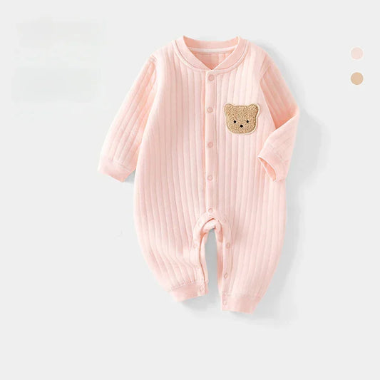 100% Cotton Warm Long Sleeve Snap-Up Romper - Pink Bear - Bodyfeu