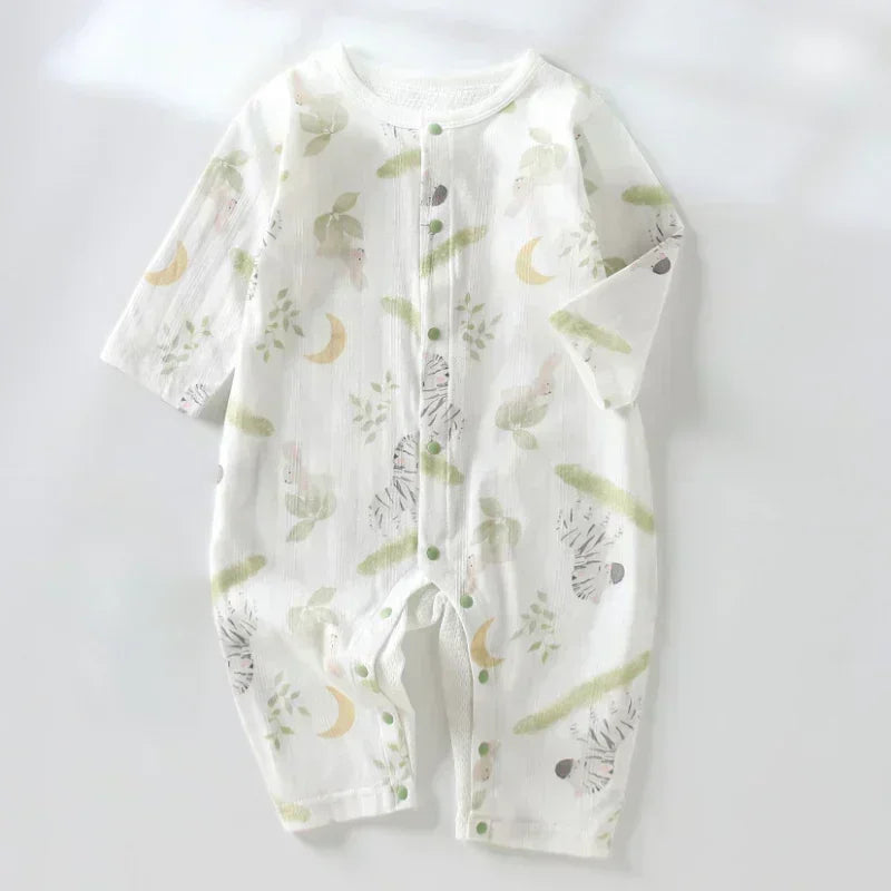 100% Cotton Long Sleeve Snap-Up Romper - Elephant & Flowers - Bodyfeu