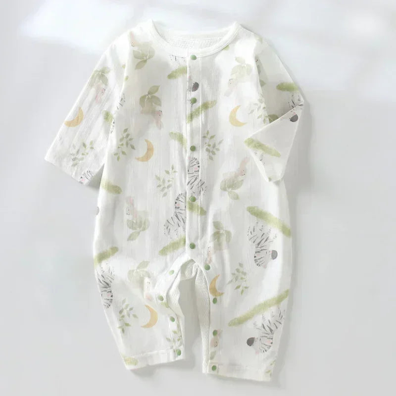 100% Cotton Long Sleeve Snap-Up Romper - Elephant & Flowers - Bodyfeu