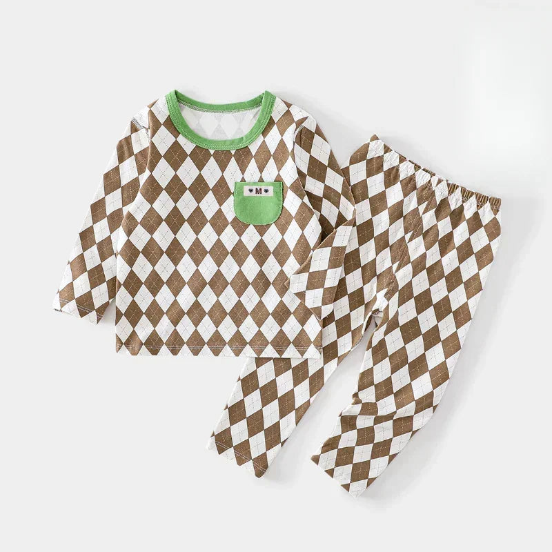 100% Cotton Long Sleeve Top & Pants Set - Brown Plaid - Bodyfeu