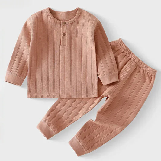 100% Cotton Long Sleeve Top & Pants Set- Brown - Bodyfeu