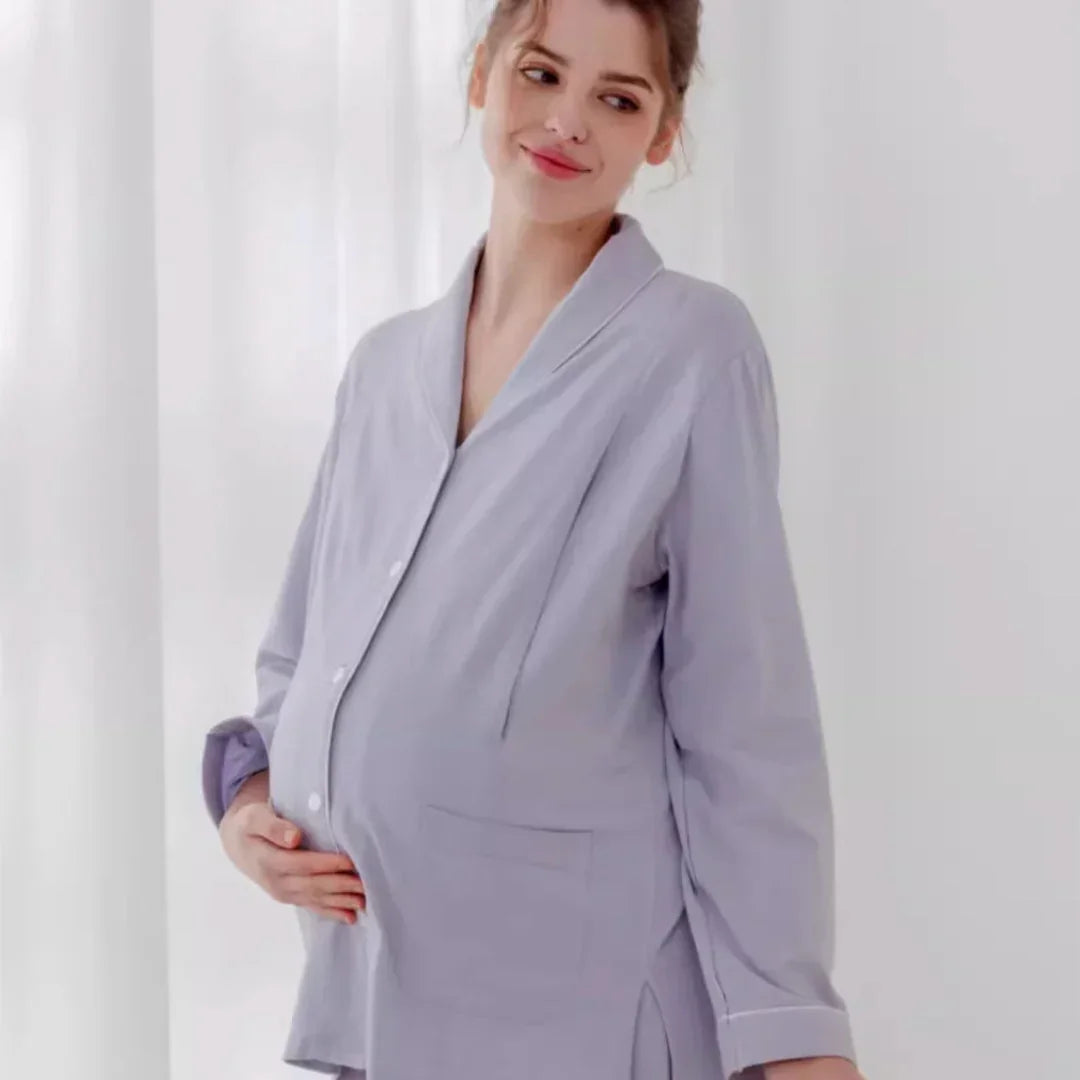 Cotton Button-Up Maternity Pajama- Green - Bodyfeu