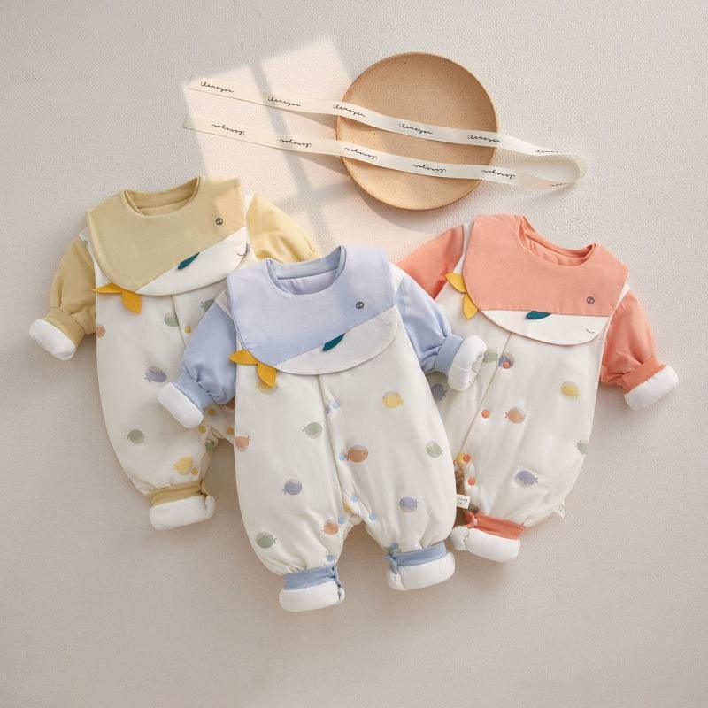 100% Cotton Extra Warm Long Sleeve Quilted Romper with Bib- Pink Whale - Bodyfeu