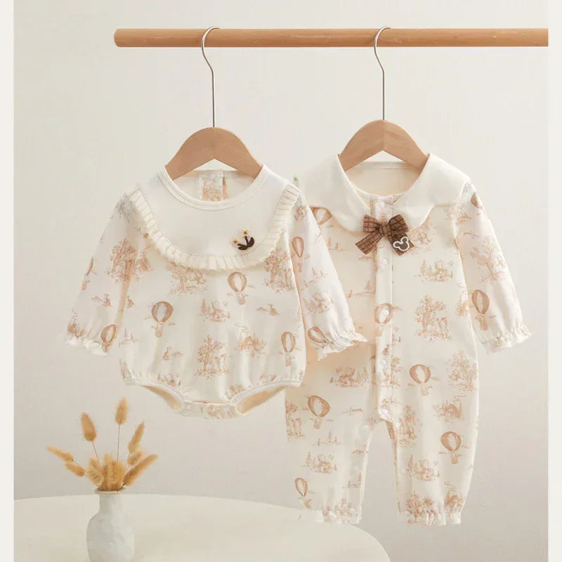 100% Cotton Long Sleeve Snap-Up Romper - Bowknot with Flowers - Bodyfeu