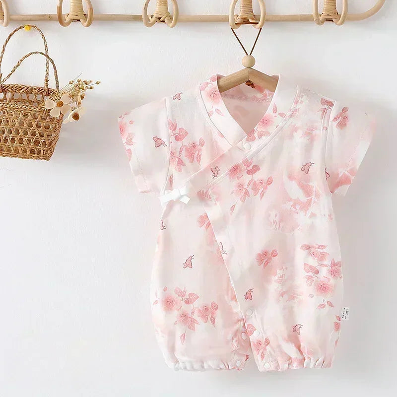 Cotton & Bamboo Muslin Short Sleeve Romper - Water Lily - Bodyfeu