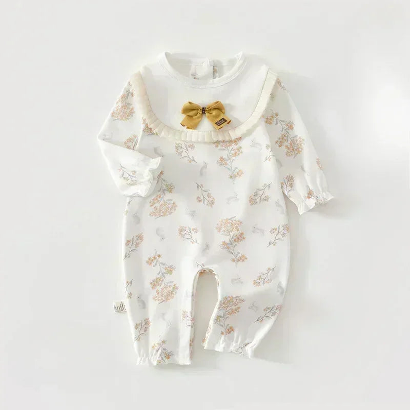 100% Cotton Long Sleeve Snap-Up Romper - Bowknot with Flowers - Bodyfeu