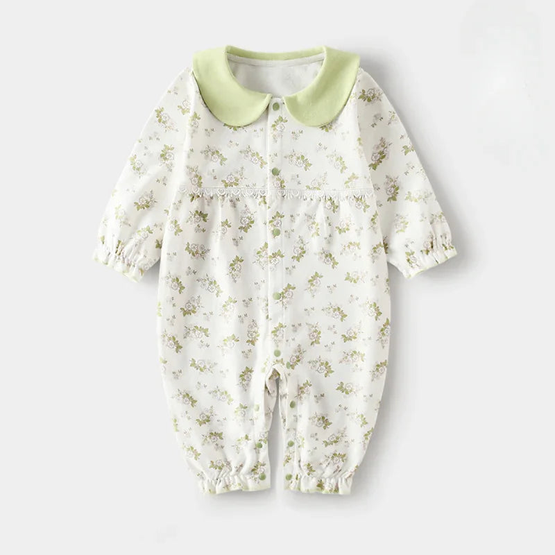 100% Cotton Long Sleeve Floral Romper - Green Garden - Bodyfeu