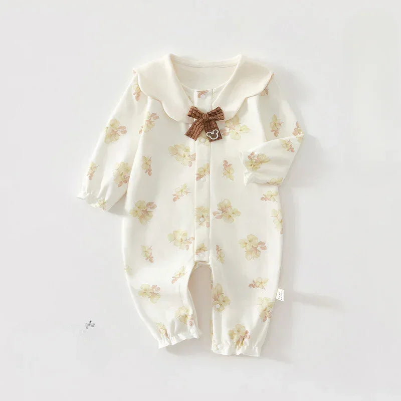 100% Cotton Long Sleeve Snap-Up Romper - Bowknot with Flowers - Bodyfeu