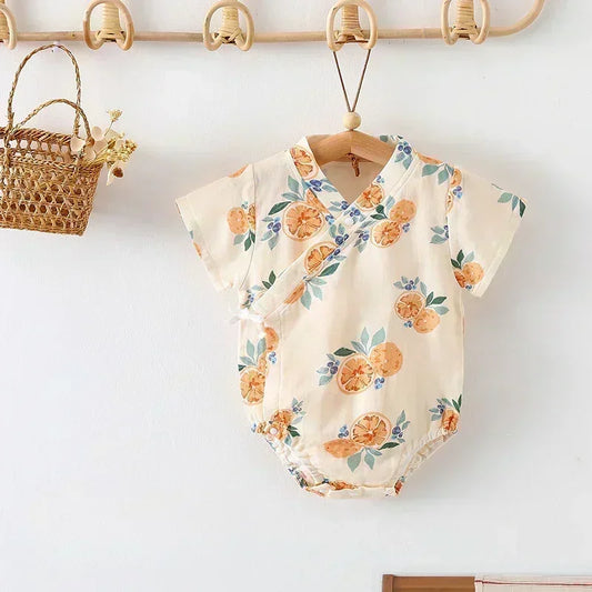 Cotton & Bamboo Muslin Short Sleeve Bodysuit - Green Leaves - Bodyfeu