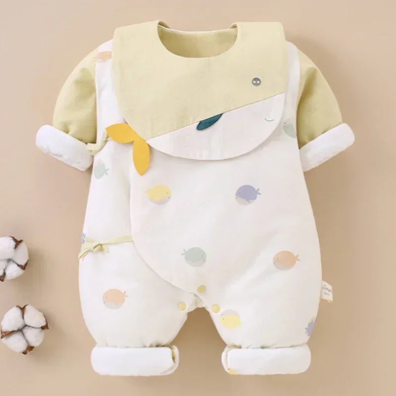 100% Cotton Extra Warm Long Sleeve Quilted Romper with Bib- Pink Whale - Bodyfeu