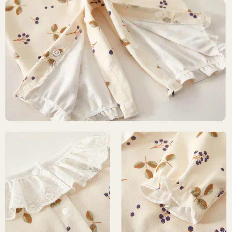 100% Cotton Long Sleeve Snap-Up Romper - Fruits & Leaves - Bodyfeu