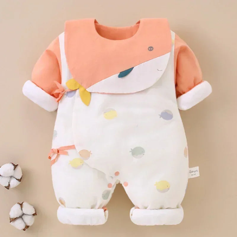 100% Cotton Extra Warm Long Sleeve Quilted Romper with Bib- Pink Whale - Bodyfeu