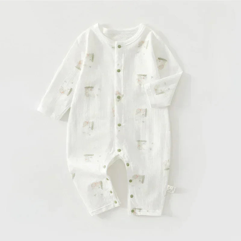 100% Cotton Long Sleeve Snap-Up Romper - Elephant & Flowers - Bodyfeu