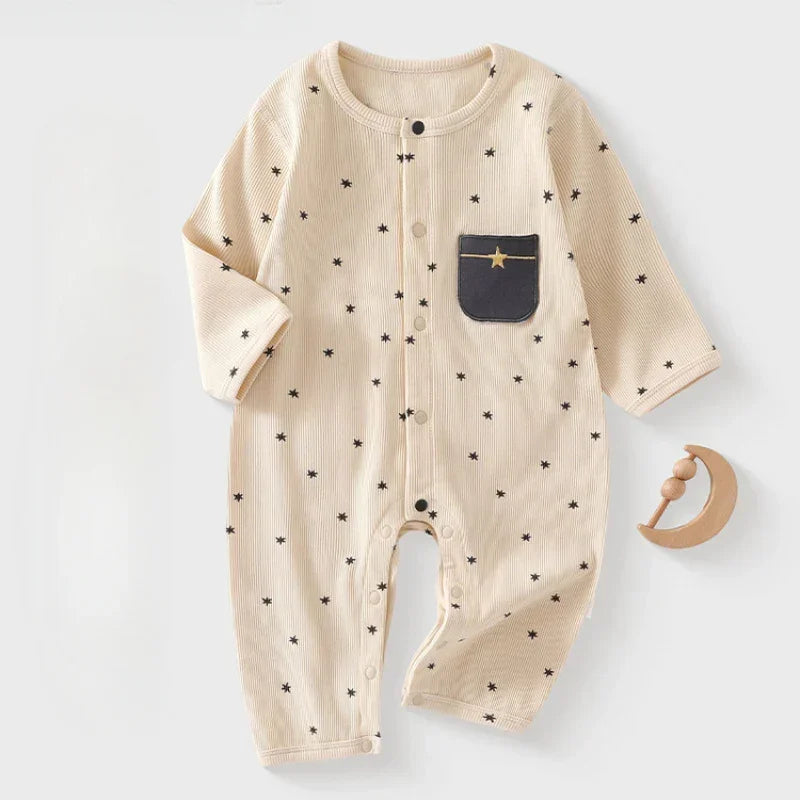 Cotton Snap-Up Long Sleeve Romper - Brown Moon - Bodyfeu