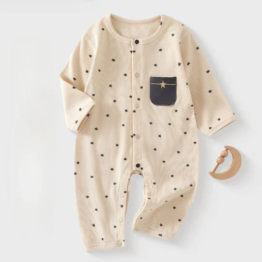 Cotton Snap-Up Long Sleeve Romper - Brown Moon - Bodyfeu