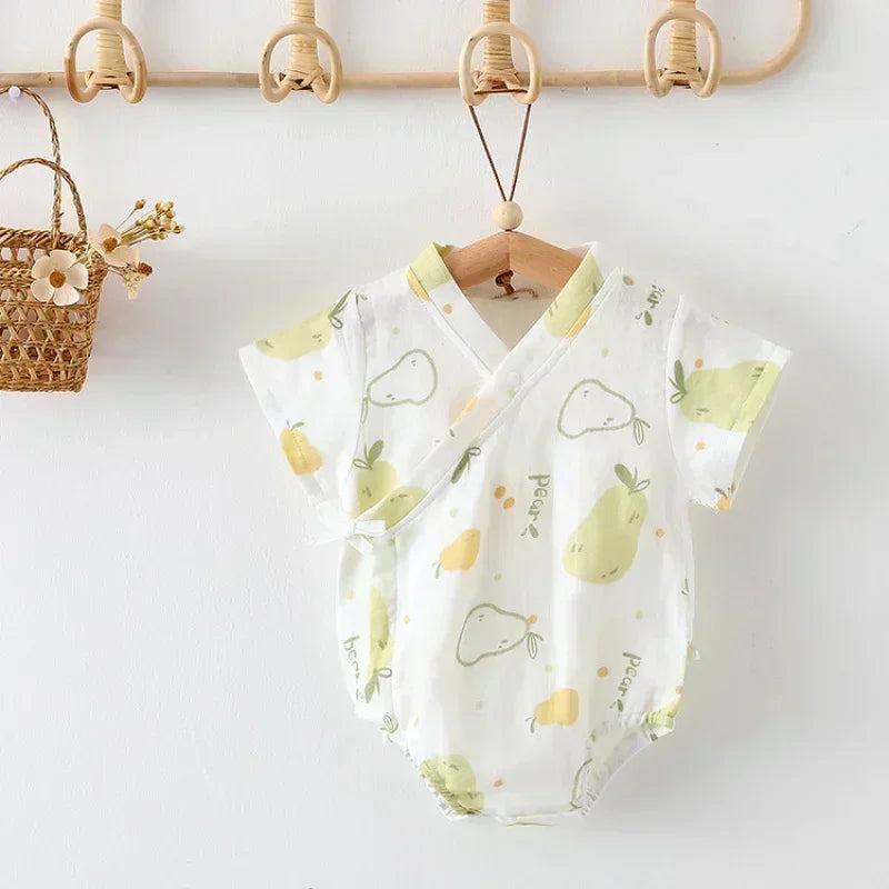 Cotton & Bamboo Muslin Short Sleeve Bodysuit - Green Leaves - Bodyfeu