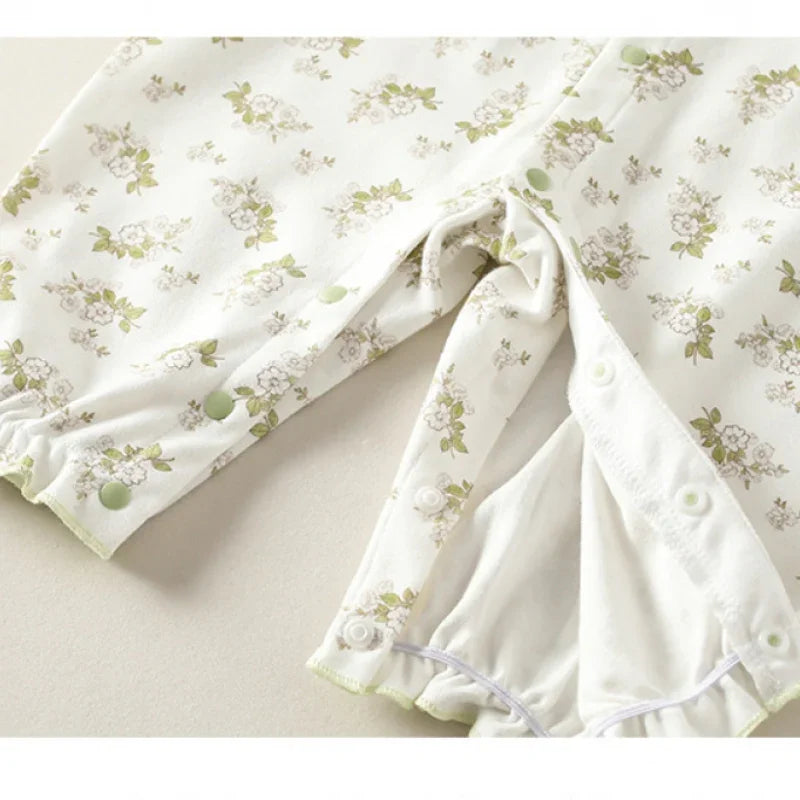 100% Cotton Long Sleeve Floral Romper - Green Garden - Bodyfeu