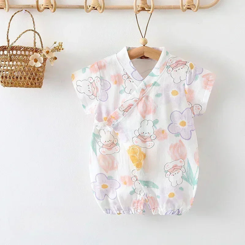 Cotton & Bamboo Muslin Short Sleeve Romper - Water Lily - Bodyfeu