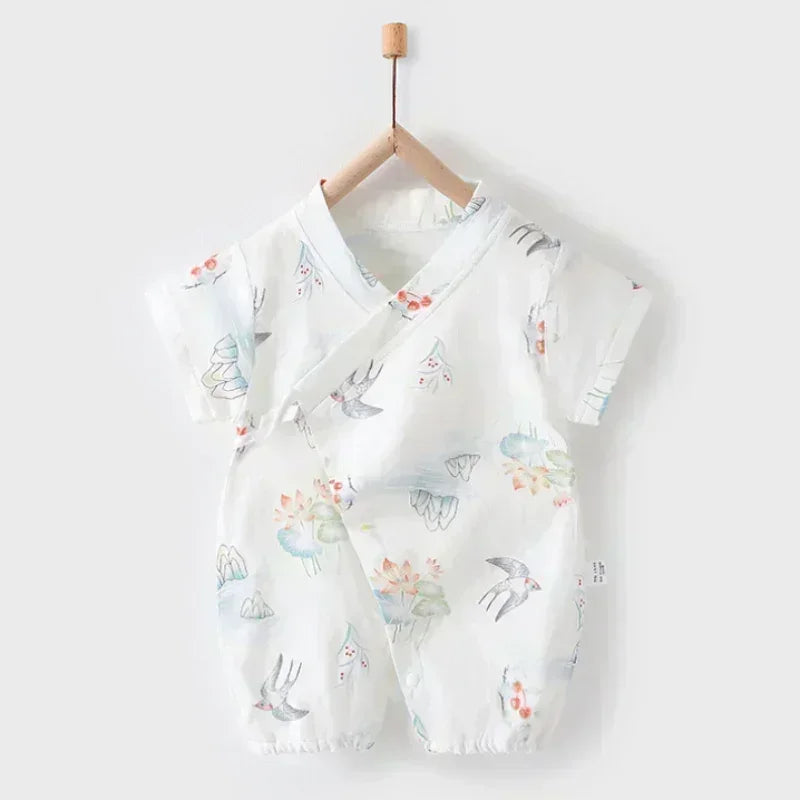 Cotton & Bamboo Muslin Short Sleeve Romper - Water Lily - Bodyfeu