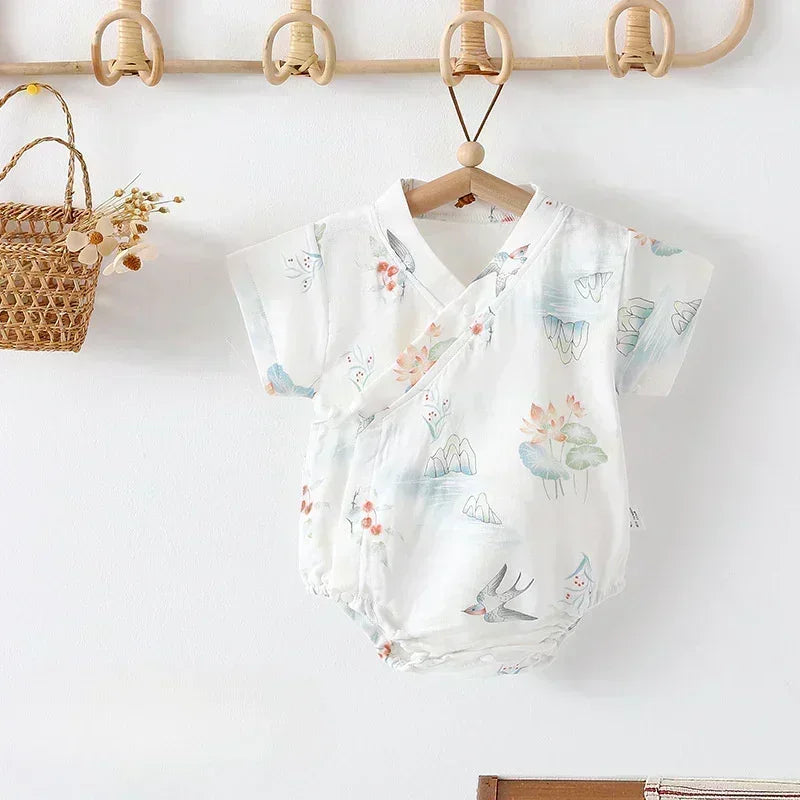 Cotton & Bamboo Muslin Short Sleeve Bodysuit - Green Leaves - Bodyfeu