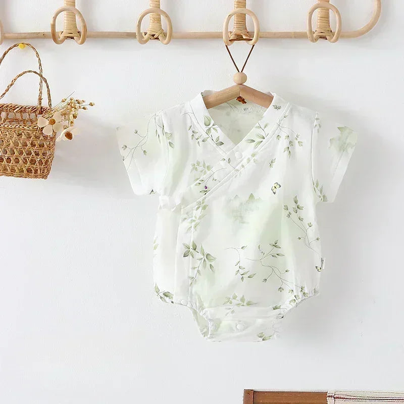 Cotton & Bamboo Muslin Short Sleeve Bodysuit - Green Leaves - Bodyfeu