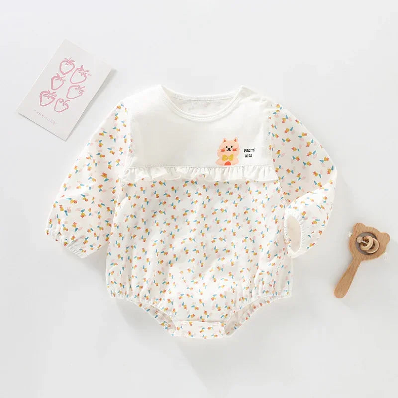100% Cotton Long Sleeve Floral Bodysuit - Bunny Garden - Bodyfeu