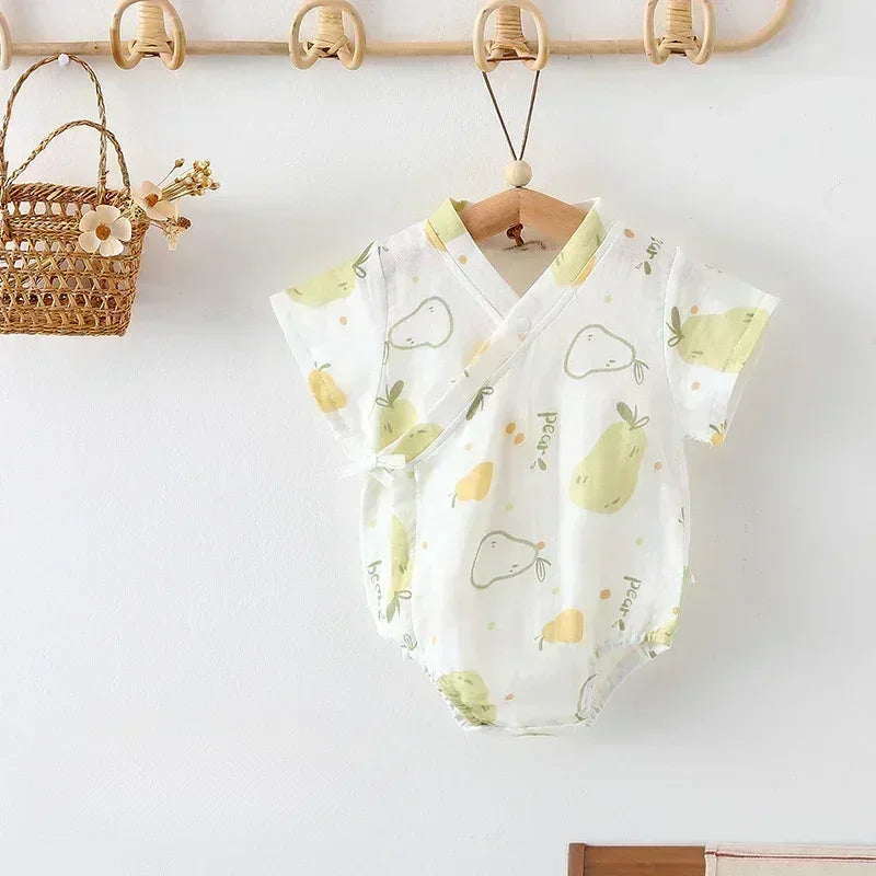Cotton & Bamboo Muslin Short Sleeve Bodysuit - Green Leaves - Bodyfeu