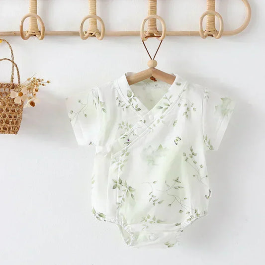 Cotton & Bamboo Muslin Short Sleeve Bodysuit - Green Leaves - Bodyfeu