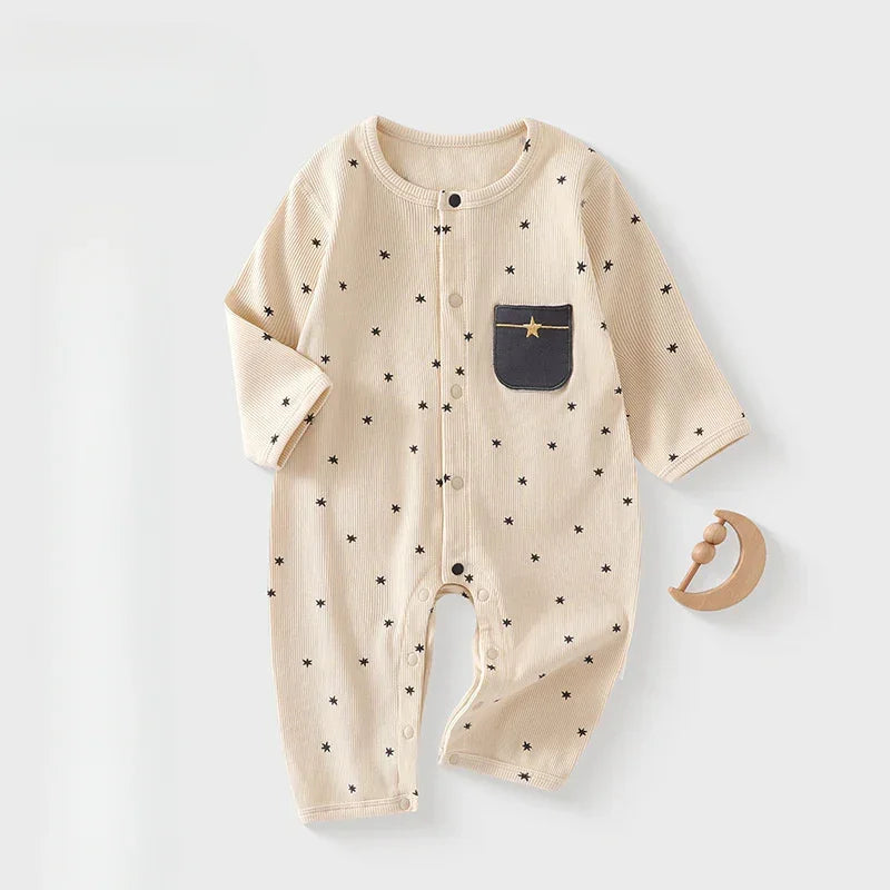 Cotton Snap-Up Long Sleeve Romper - Brown Moon - Bodyfeu