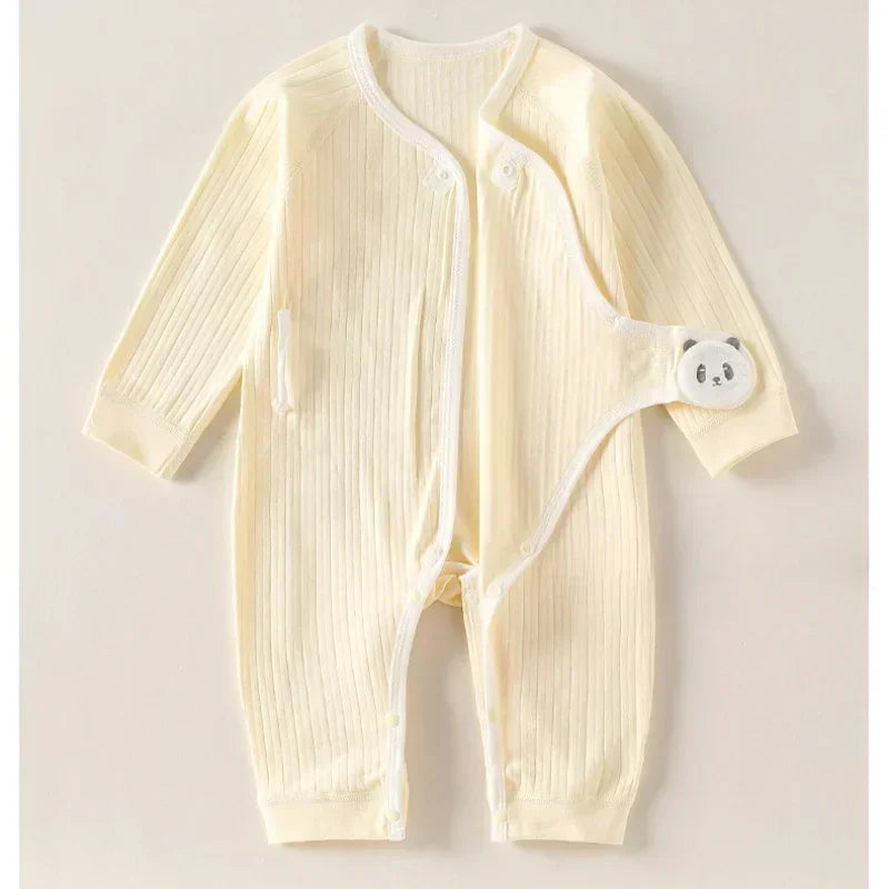 100% Cotton Long Sleeve Romper with Velcro Closure - White Panda - Bodyfeu