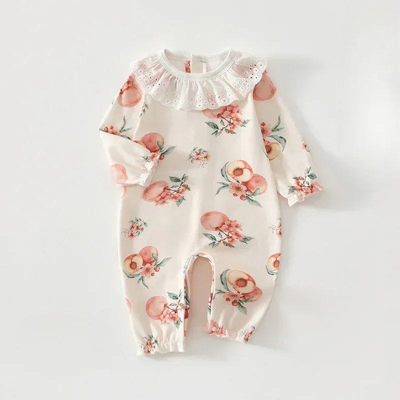 100% Cotton Long Sleeve Snap-Up Romper - Fruits & Leaves - Bodyfeu