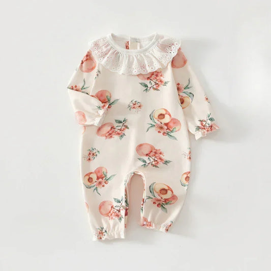 100% Cotton Long Sleeve Snap-Up Romper - Fruits & Leaves - Bodyfeu